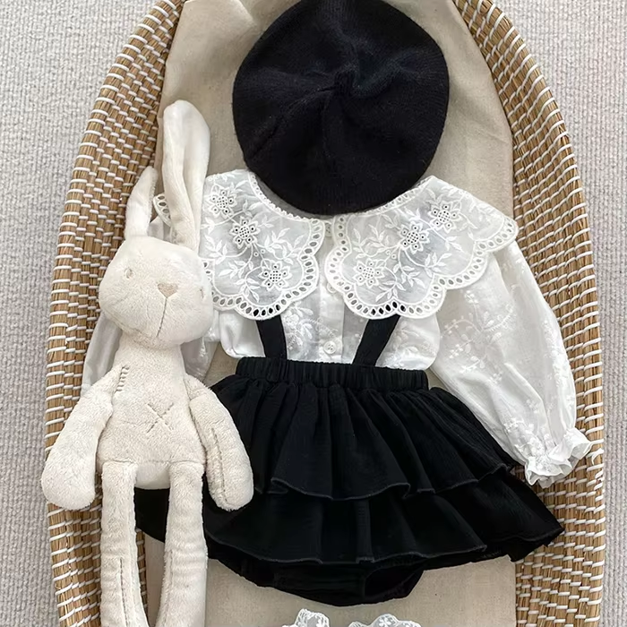 2024 New Spring Toddler Baby Girls Clothes Suit Long Sleeved Cotton Solid Color Shirt+Jumpsuit Infant Baby Girl Clothing Set