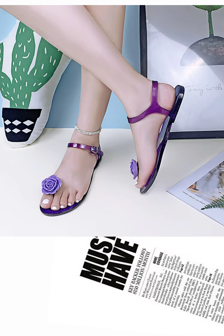 EOFK Women Jelly Sandals PVC Camellia Flower Flat Casual Summer Slides with Non-slip Buckle Ankle Strap for Outdoor Beach